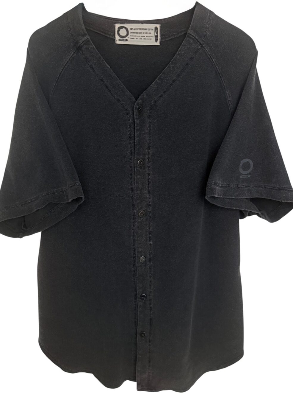 O Wear Black Raglan Sleeves Button-Up Shirt Organic Cotton USA Men's Large